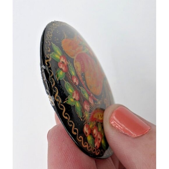 Russian Hand Painted Signed Black Lacquer Floral & Fire Bird Round Brooch Pin 2" - Picture 8 of 11